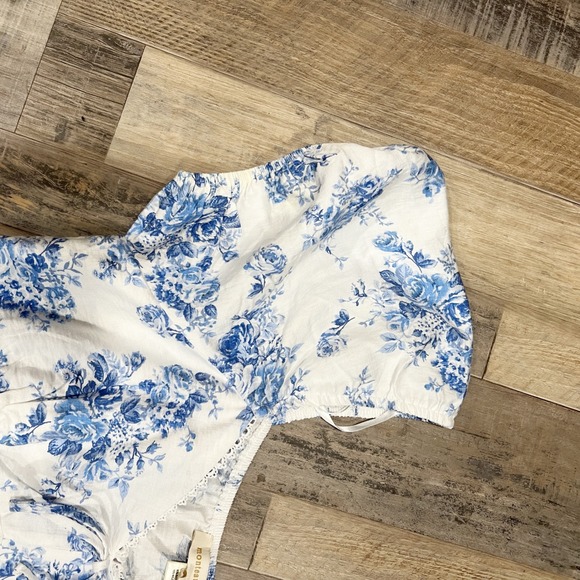 Monteau Los Angeles Blue Floral Toile Puff Sleeve Crop Top XL Sweetheart Lace - Picture 4 of 8